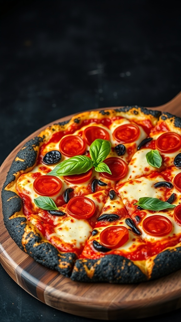 A gothic pizza with a black crust, topped with cheese and colorful toppings on a wooden board.